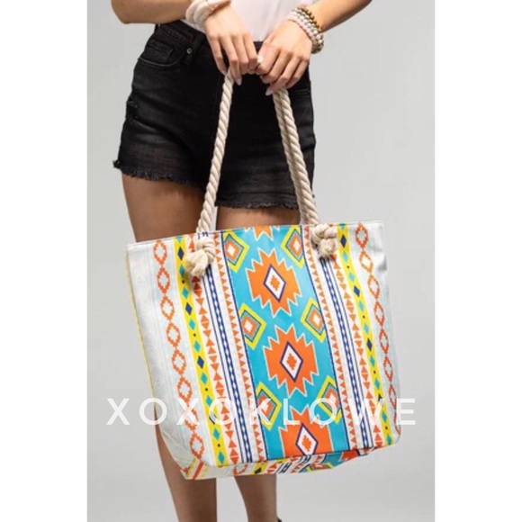 Aztec Southwestern Print Large Tote Bag Fully Lined Rope Handles - Picture 7 of 10